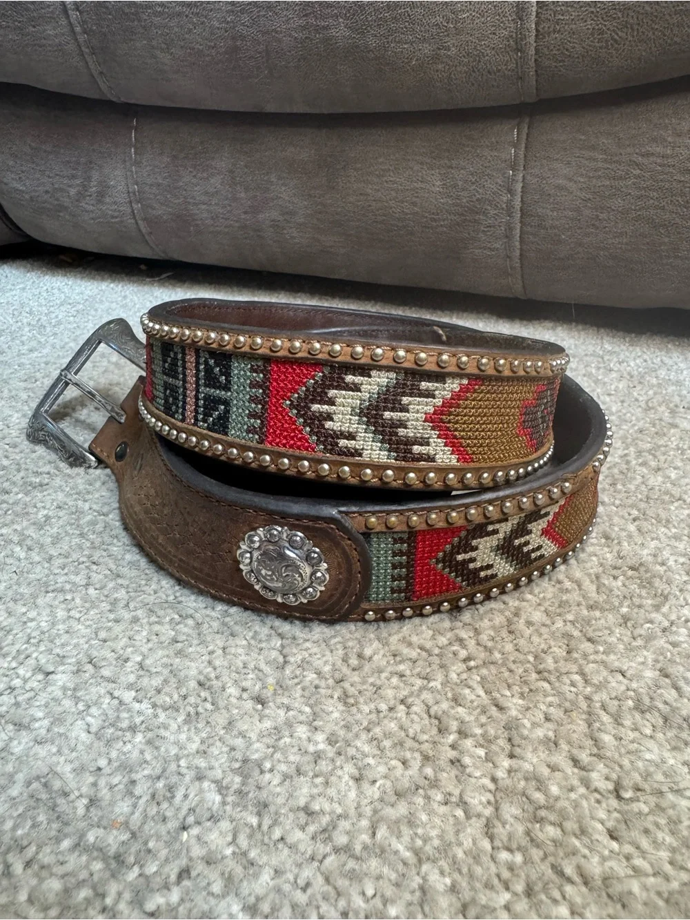 Ariat Brown Leather Western Beaded Belt with Red & Tan Accents